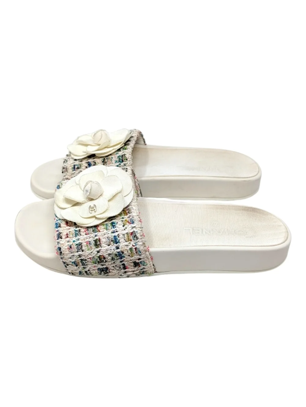 Chanel Camellia Tweed CC Logo Slide Rainbow White Rubber Pool Sandal 38 | 7.5 - Picture 3 of 13